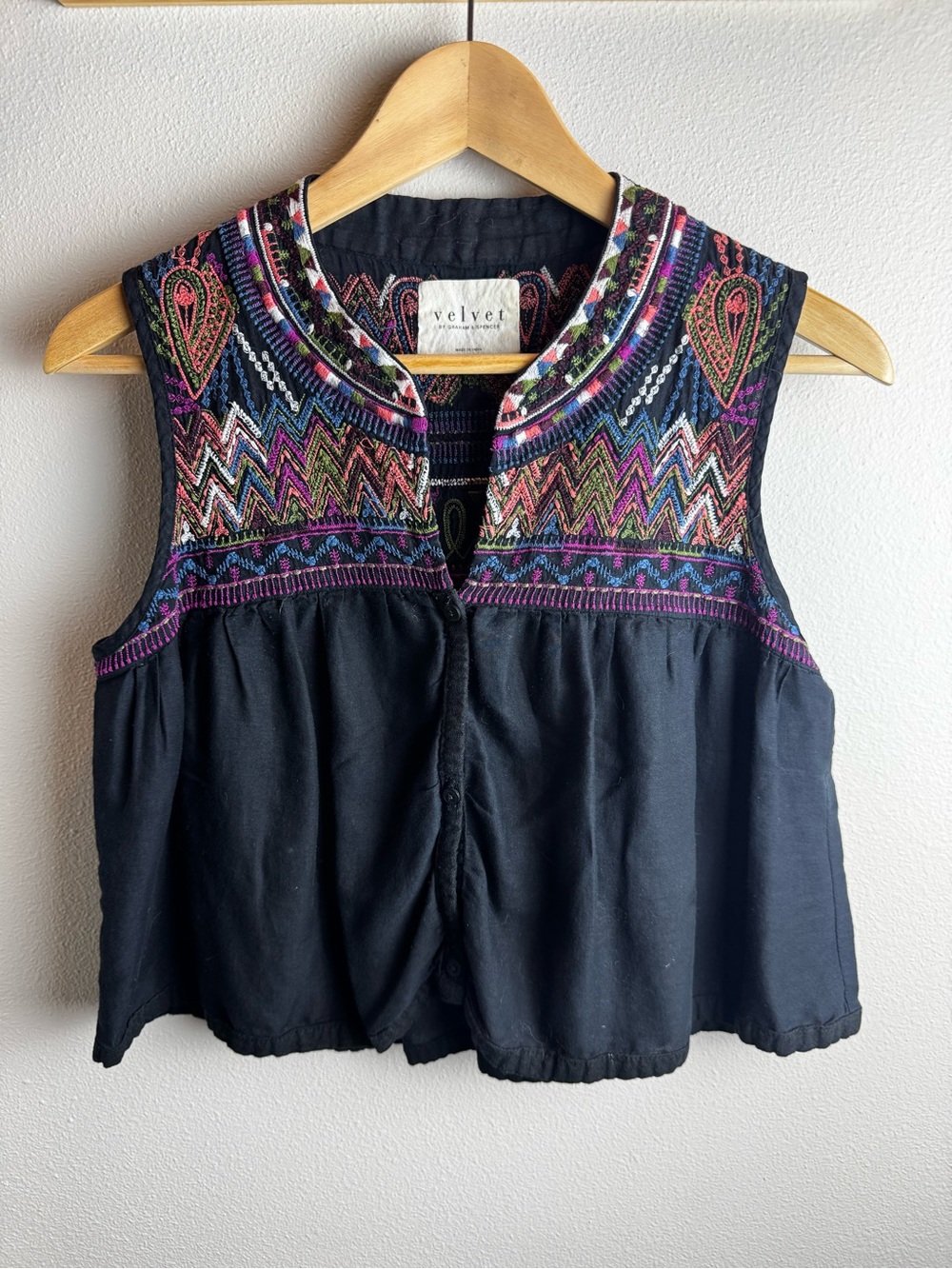 Velvet Embroidered Black Sleeveless Boho Crop Top